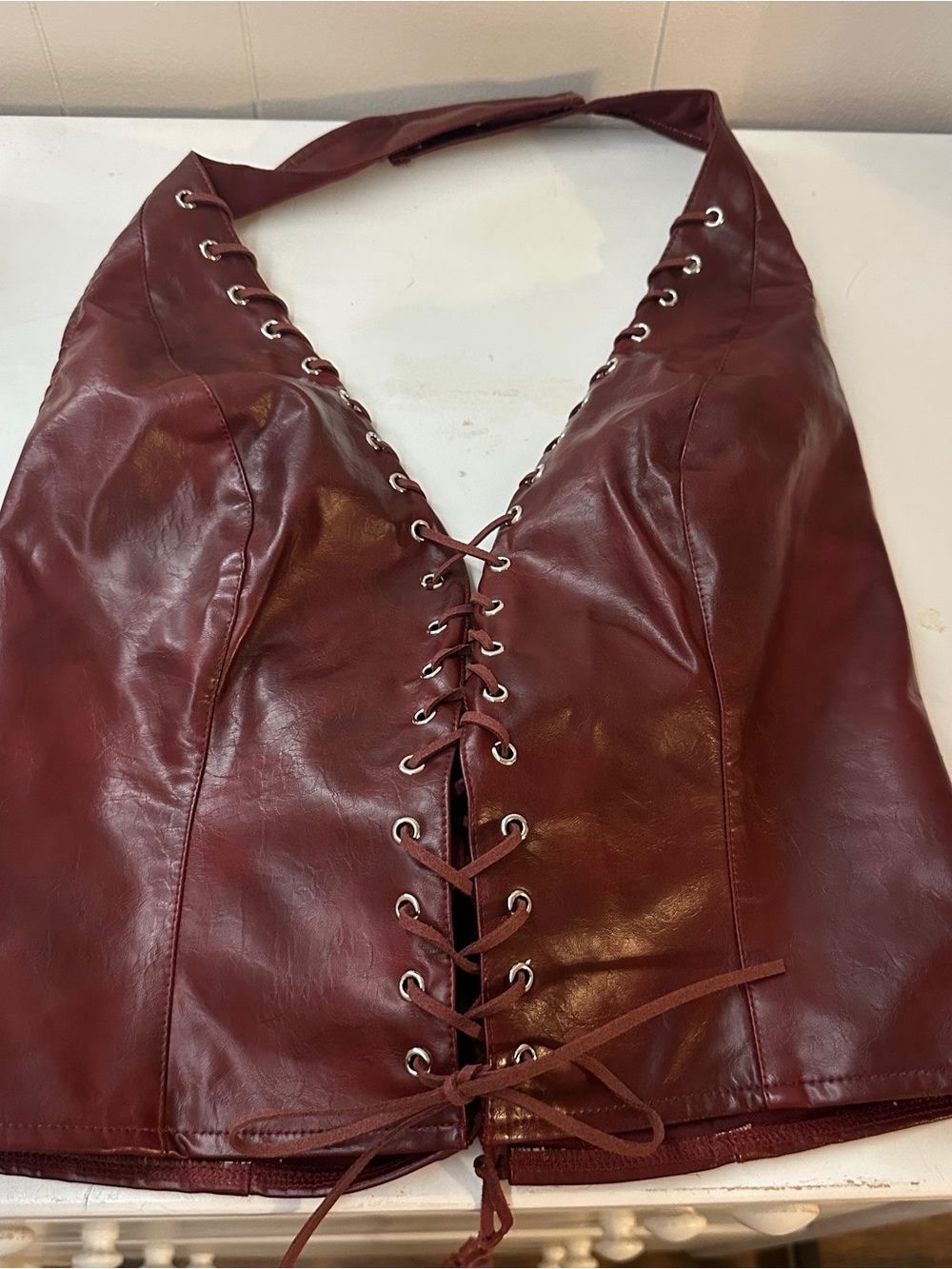 NWT Windsor Lace-Up Faux Leather Halter Top in Deep Burgundy